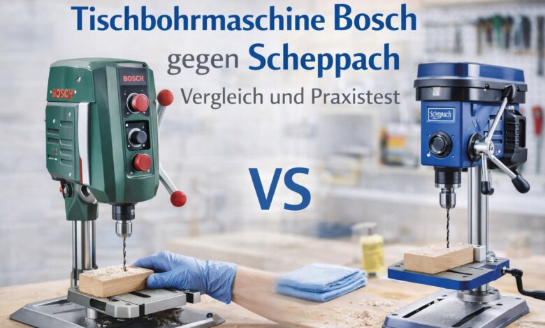 Tischbohrmaschine Bosch gegen Scheppach Vergleich und Praxistest [Bild mit Hilfe von KI erstellt]