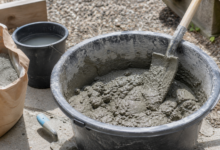 Frischer Beton wird in einer Mischwanne oder Schubkarre mit der Schaufel angemischt [Bildinhalt mit KI erstellt]