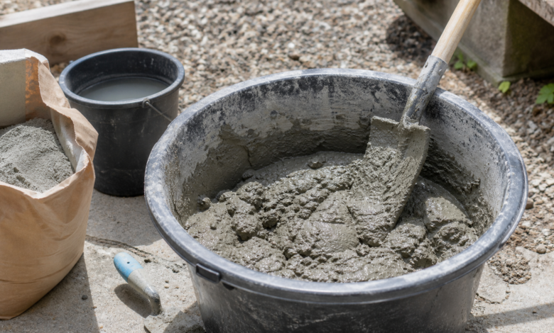 Frischer Beton wird in einer Mischwanne oder Schubkarre mit der Schaufel angemischt [Bild mit Hilfe von KI erstellt]