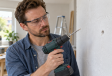 Heimwerker prüft die Wand nach einem Bohrstopp [Bild mit Hilfe von KI erstellt]