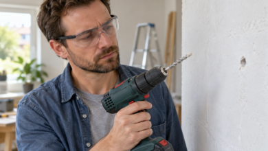 Heimwerker prüft die Wand nach einem Bohrstopp [Bild mit Hilfe von KI erstellt]