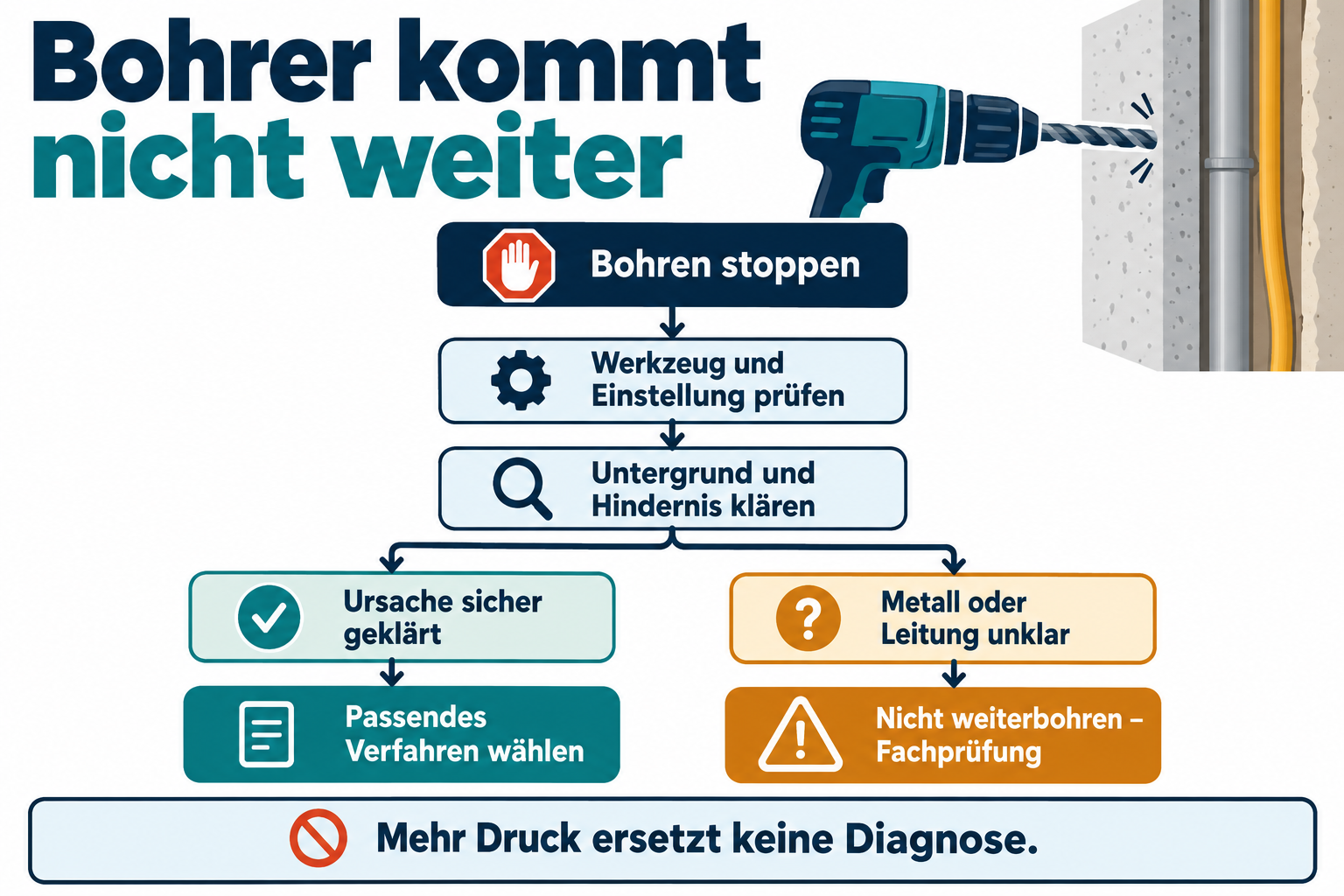 Entscheidungshilfe bei Bohrstopp: Werkzeug, Material und mögliche Hindernisse prüfen [Bild mit Hilfe von KI erstellt]