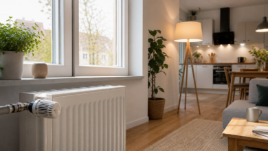 Energiesparen im Haushalt mit Heizkörper, Tageslicht und effizienter Beleuchtung [Bildinhalt mit KI erstellt]