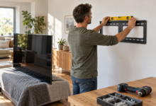 Planung einer TV-Wandhalterung an einer Gipskartonwand mit Wasserwaage [Bild mit Hilfe von KI erstellt]