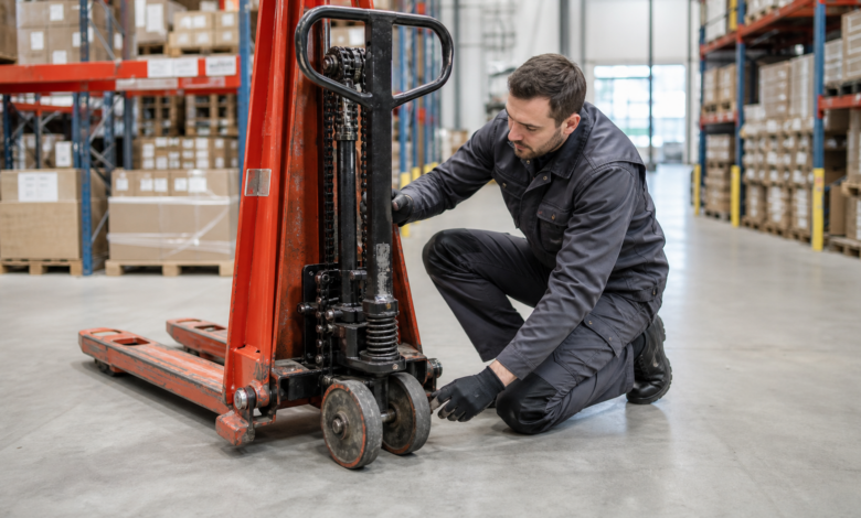 Techniker kontrolliert manuellen Hochhubwagen im Lager [Bild mit Hilfe von KI erstellt]