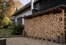 Ordentlich gelagerter Brennholzstapel an einem Wohnhaus als Symbol für Holzverbrauch in privaten Haushalten