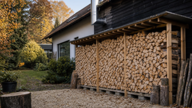 Ordentlich gelagerter Brennholzstapel an einem Wohnhaus als Symbol für Holzverbrauch in privaten Haushalten