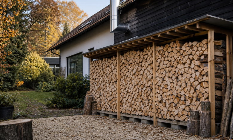 Ordentlich gelagerter Brennholzstapel an einem Wohnhaus als Symbol für Holzverbrauch in privaten Haushalten [Bild mit Hilfe von KI erstellt]