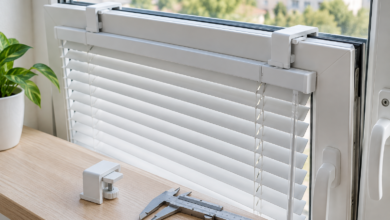 Jalousie-Halterung am Fensterflügel mit Ersatz-Klemmträger und Messschieber [Bild mit Hilfe von KI erstellt]