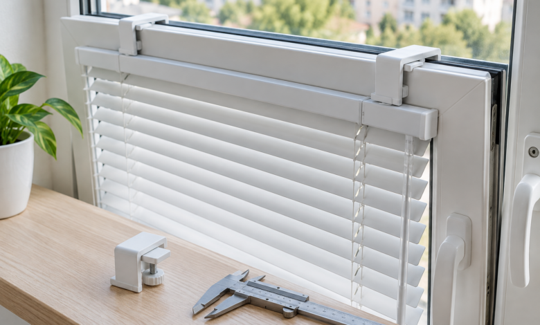 Jalousie-Halterung am Fensterflügel mit Ersatz-Klemmträger und Messschieber [Bild mit Hilfe von KI erstellt]
