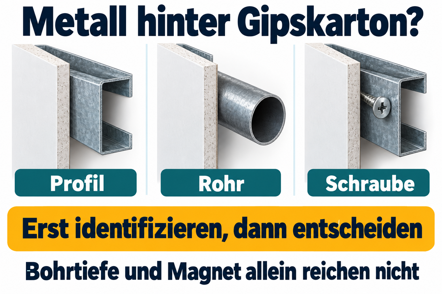 Metall hinter Gipskarton kann Profil, Schraube oder Rohr sein [Bild mit Hilfe von KI erstellt]