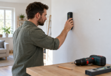 Ortungsgerät prüft eine Gipskartonwand vor der Bohrung [Bild mit Hilfe von KI erstellt]