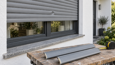 Beschädigte Rollladen-Lamelle am Fenster und passende Ersatzprofile auf einer Werkbank [Bild mit Hilfe von KI erstellt]