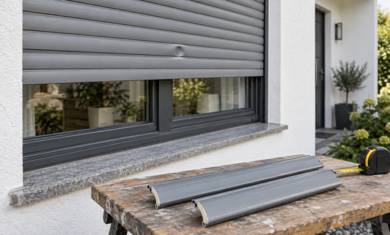 Beschädigte Rollladen-Lamelle am Fenster und passende Ersatzprofile auf einer Werkbank [Bild mit Hilfe von KI erstellt]