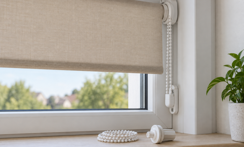 Stoffrollo mit Perlenkette, Kettenhalter und Ersatz-Kettenzug auf der Fensterbank [Bild mit Hilfe von KI erstellt]