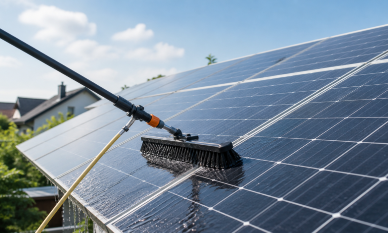 Photovoltaik-Module auf einem Hausdach werden mit weichem Reinigungskopf und Wasser schonend gereinigt