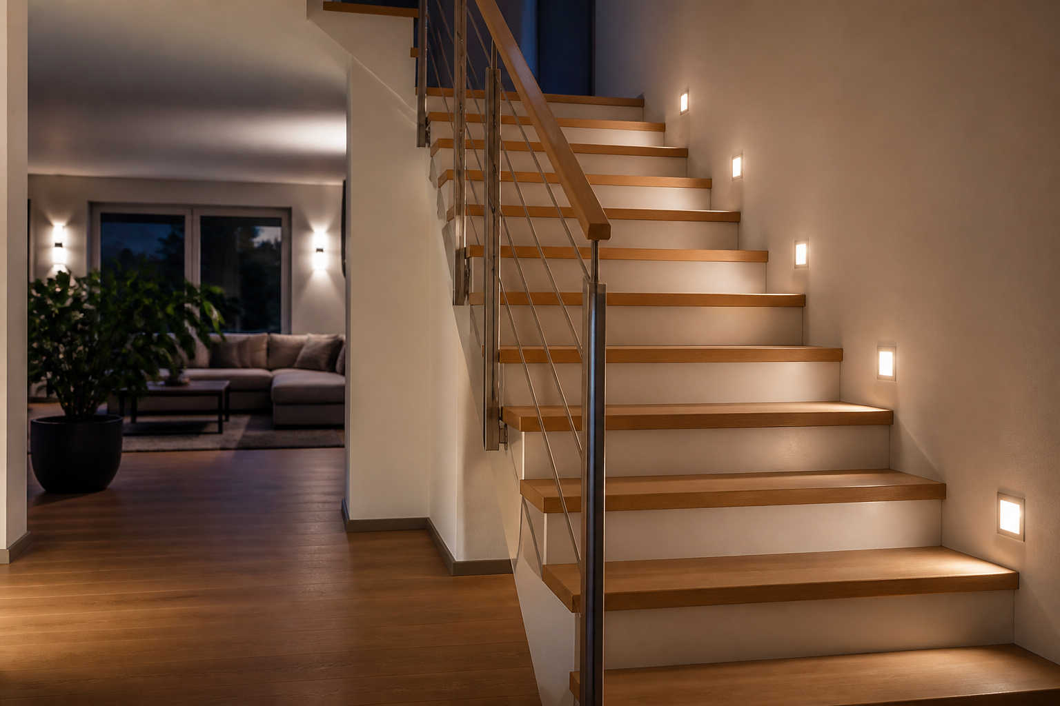 Treppenbeleuchtung innen: Planung, LEDs und Sicherheit [Bild mit Hilfe von KI erstellt]