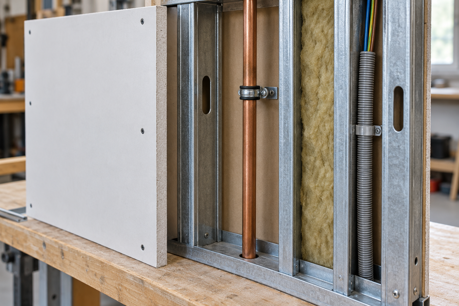 Geöffnete Trockenbauwand mit Metallprofil, Rohr und Installationsleitung [Bild mit Hilfe von KI erstellt]